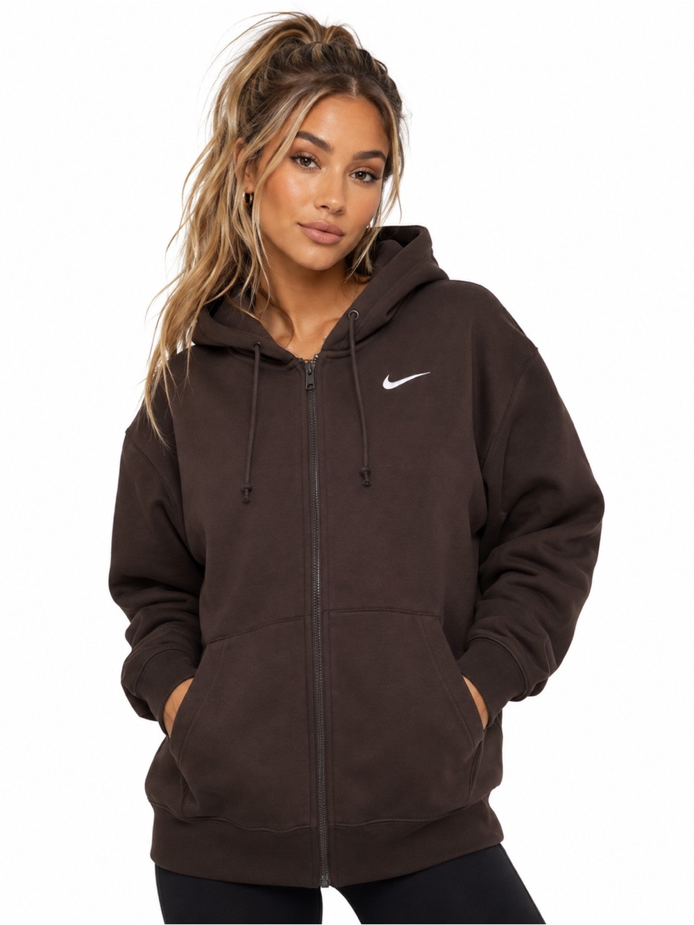 Nike Womens Dark Brown Full-Zip Hoodie with White Swoosh